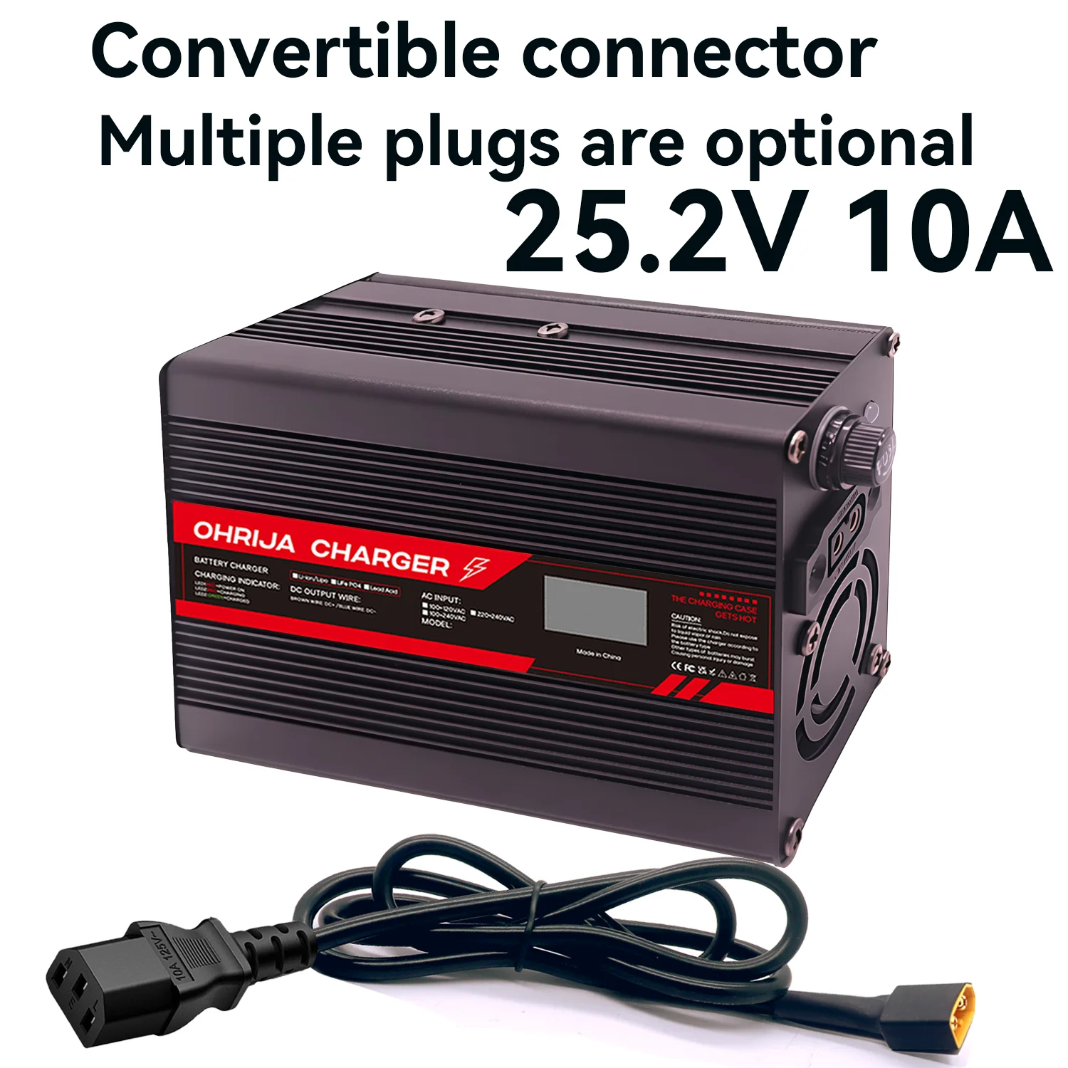 

25.2V 10A Lithium Battery Fast Charger for 6S 22.2V OLED Display & Interchangeable Connector Fast stabilization with cooling fan