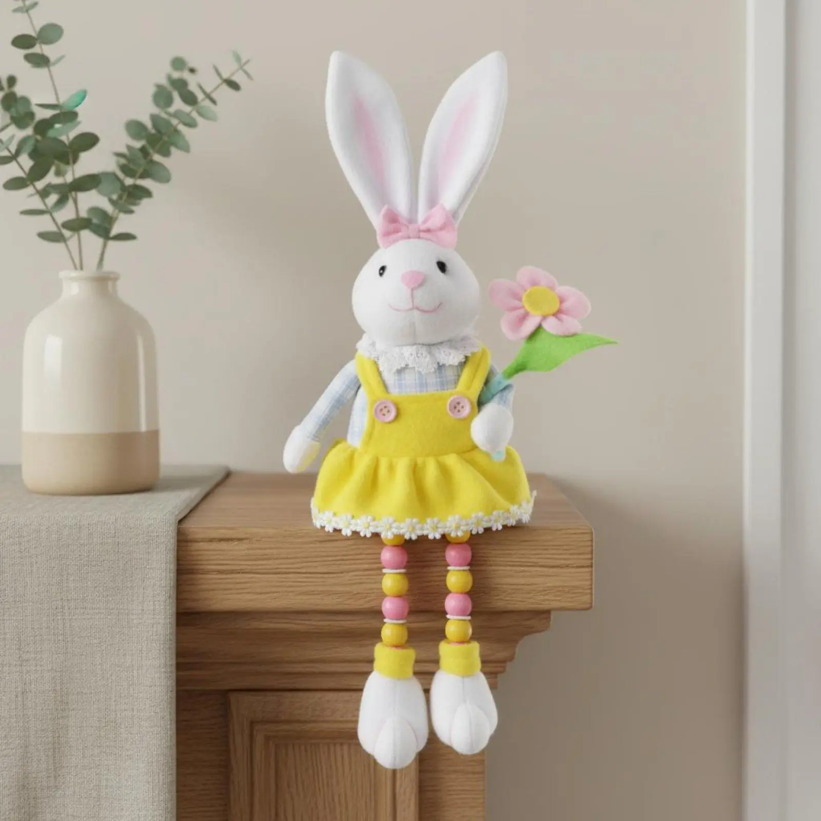 Spring Easter Bunny Figurine Soft Non Woven Fabric Dangle Leg Rabbit Ornament for Mantel Shelf Tabletop Cute Miniature Decor