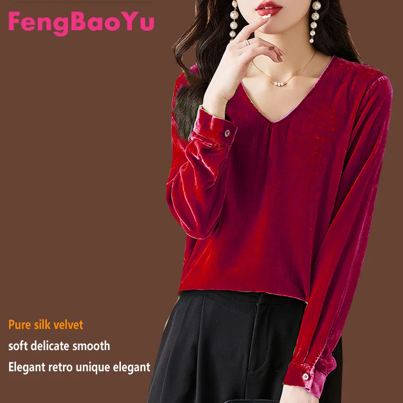 

Fengbaoyu-Women's Long-Sleeved V-Collar T-shirt, Silk Velvet Blouse, Large Size, Heavy 100kg, 5XL, Casual Wear,Autumn, Winter