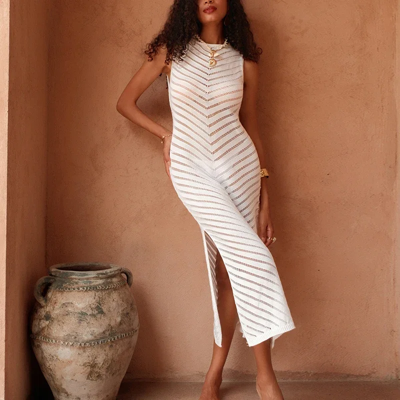 BWQ Neue Stil Gestrickte Textur Ärmelloses Kleid Sexy Aushöhlen Seite Schlitz Bikini Cover Up frauen Strand Urlaub Sonnenschutz kleid