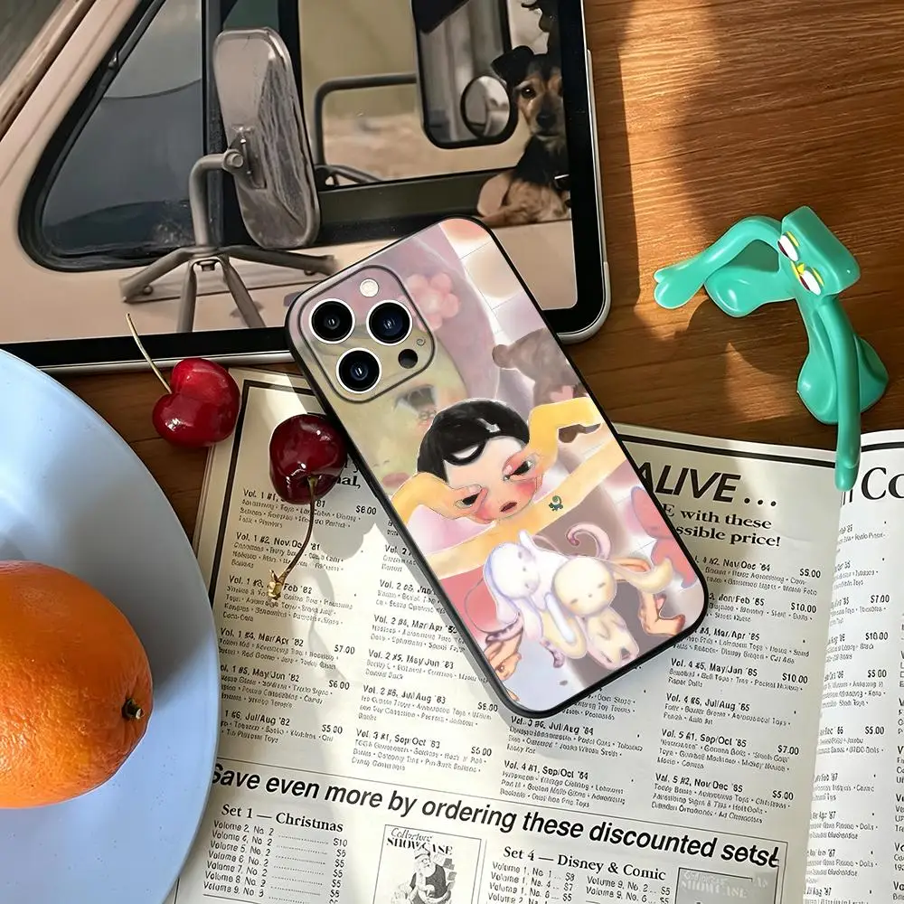 Funda para Teléfono con Estilo de Pintura Japonesa para iPhone 17 16 15 14 13 12 11 Plus Mini Pro Max, Funda Protectora Negra Suave a Prueba de Golpes