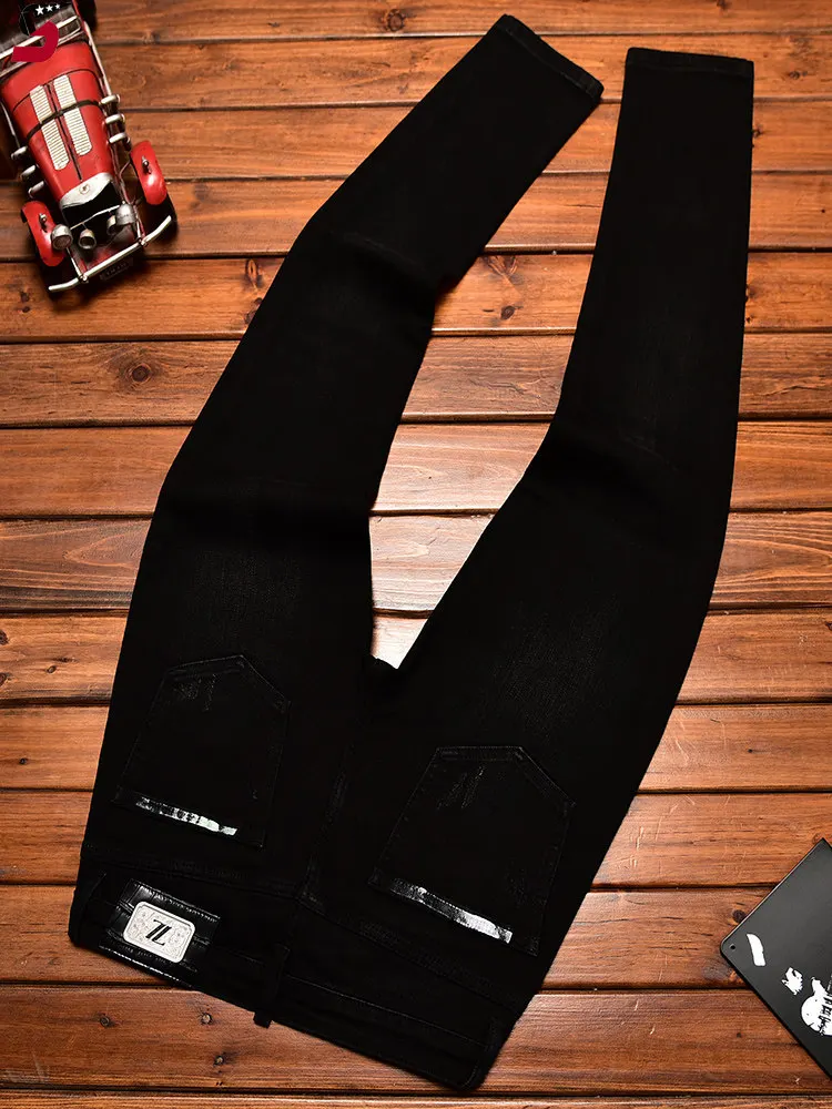 High end black jeans for men, light luxury trend, splashed ink printed elastic denim, slim fit small leg pants