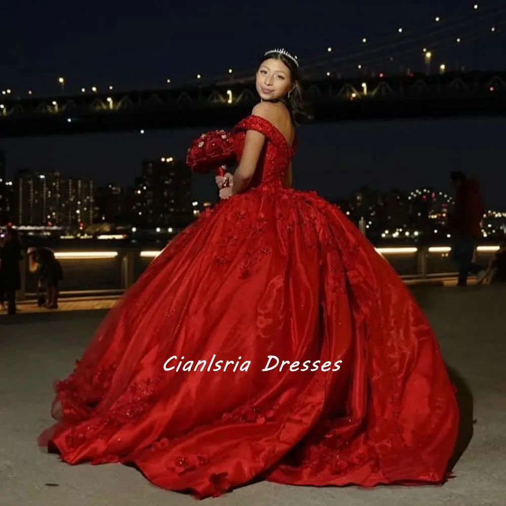

Красное платье принцессы Quinceanera с открытыми плечами и кристаллами, расшитое бисером, бальное платье с 3D цветами и аппликациями Sweet 15, Vestidos De XV Anos