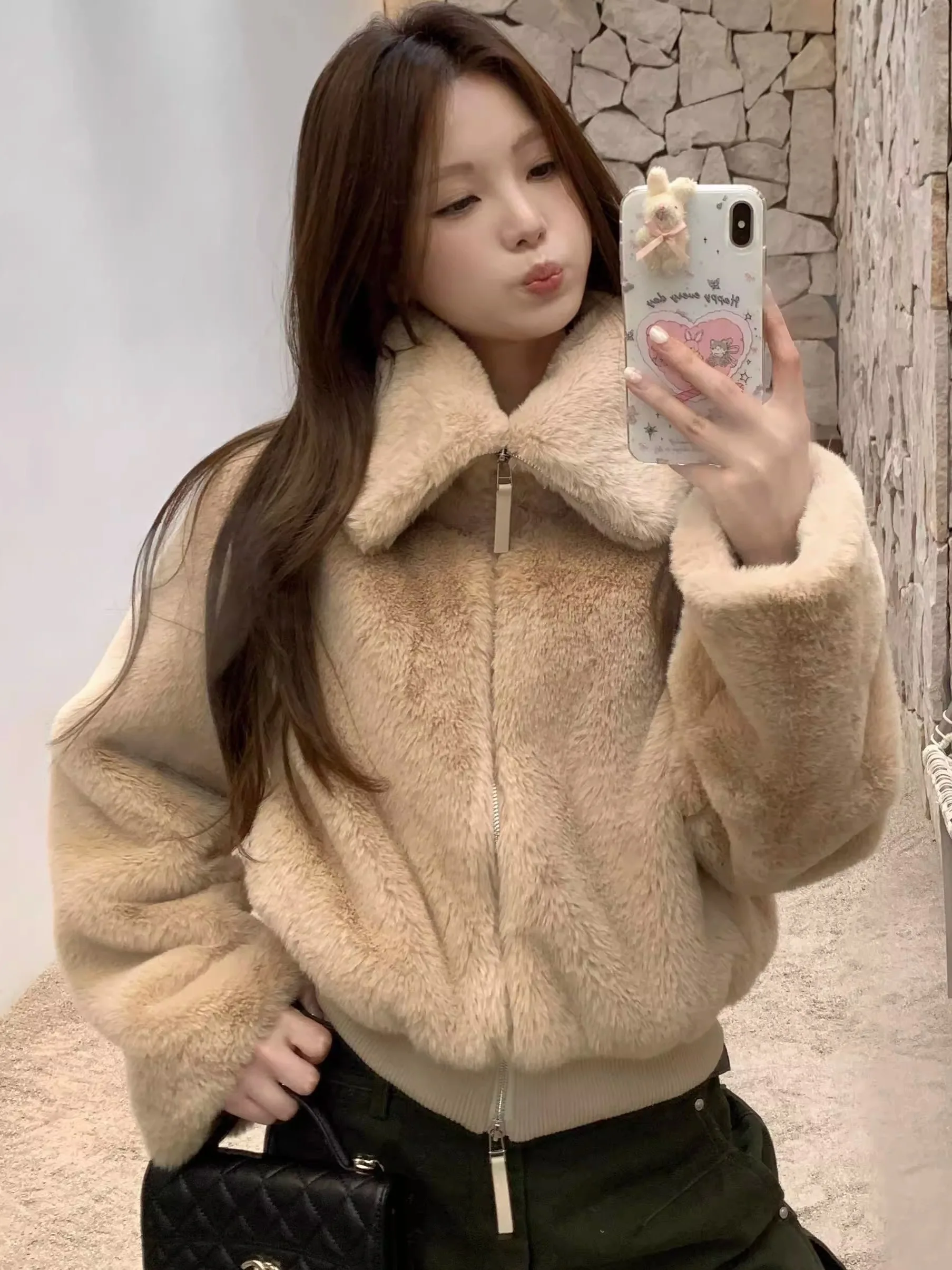 

Eco-Friendly Fur Collar Jaet Women's Winter Warm Loose Fur Trim ort Coat Casual Sle Polyester Fiber Zipper Closure