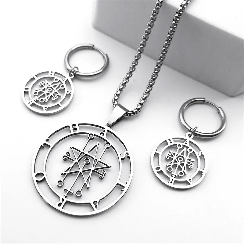 Astaroth Sigil Goetia Stainless Steel Jewelry Set Men Solomon Demon Seal Satan Sigil satanique Earring Necklaces Bracelet Gifts