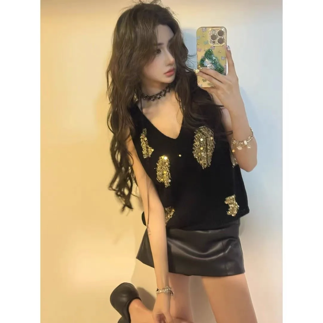 

Women's Top Shirt 2025 New Fashion Summer Sequin Knitted Sweater Vest Tops Casual Chic Ladies Streetwear Tank Tops N996