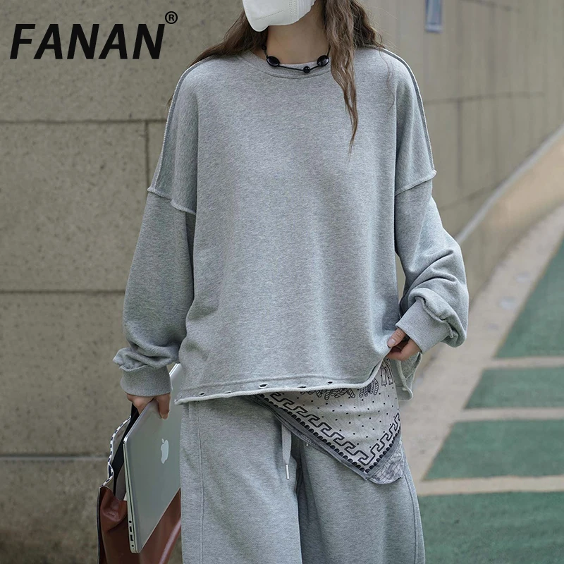 

FANAN Korean Style Pullover Sweatshirt For Women Round Neck Solid Minimalism Loose Tops Office Lady Clothes 2025 Autumn New