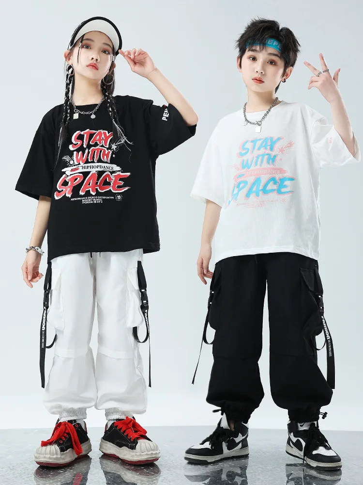 

Kid Hip Hop Clothing White Graphic Tee T Shirt Black Casual Strap Cargo Jogger Pants for Girls Boys Jazz Dance Costumes Clothes