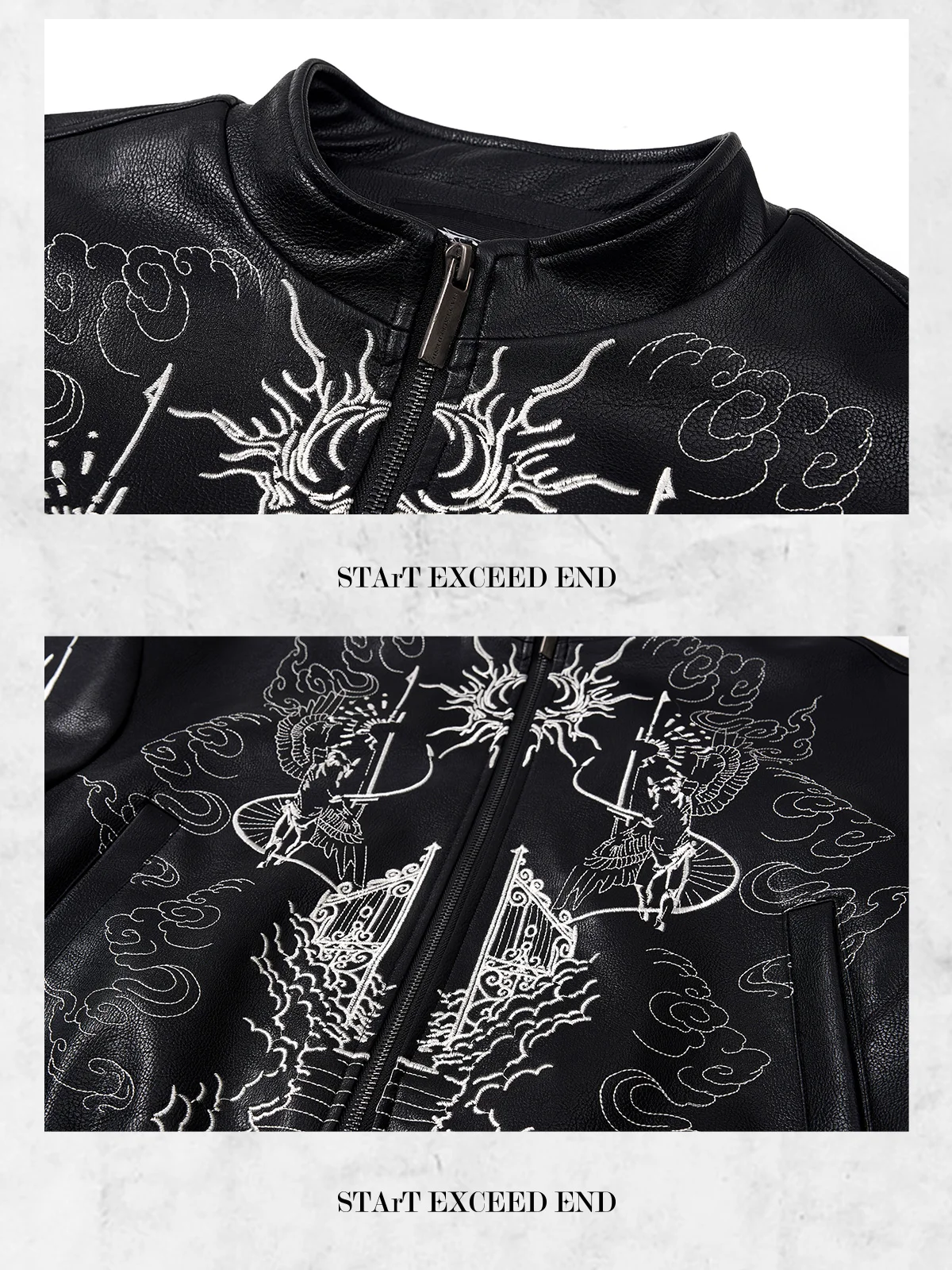 Gothic Embroidery Cropped Men's Leather Jacket, Punk Style Stand