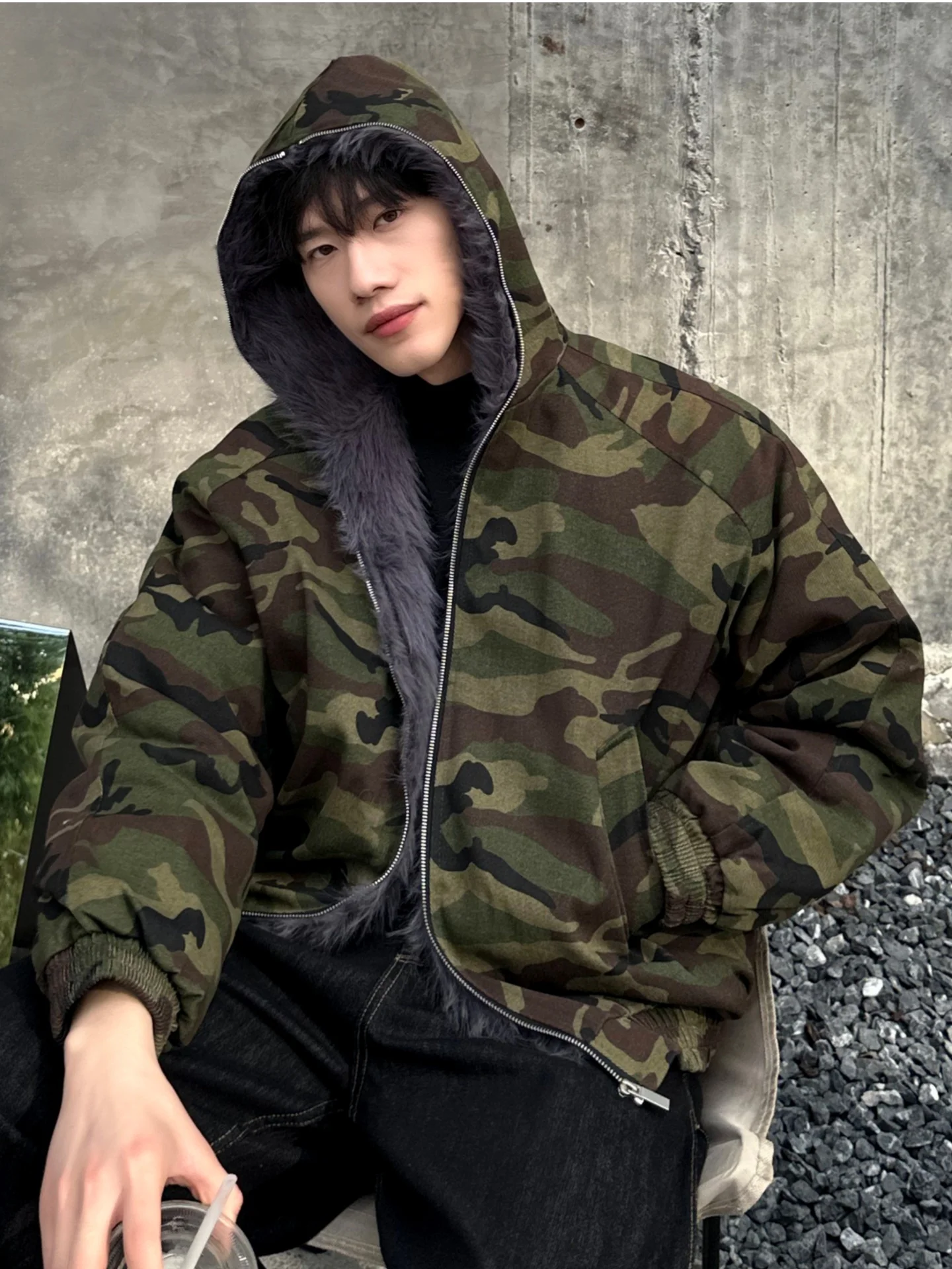 

Men's Camouflage Cotton Jaet Winter Thiened Fce Lined Zipper Hooded Coat Warm Youth Faion Retro Brand Casual Wear