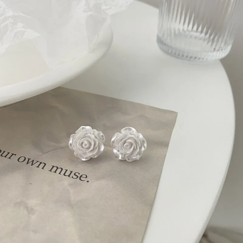 Korean Retro Resin Red Rose Flower Ear Clips Earrings French White Rose Small Clip on Earrings for Women Girls Without Ear Hole