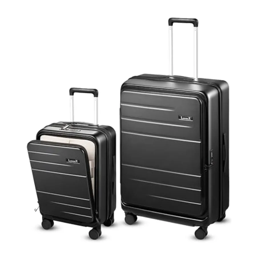 

LUGGEX 2 Piece FLO5 Expandable Polycarbonate Hard Shell Luggage Sets with Front Pocket Black 20 28 Inch Travel Suitcase