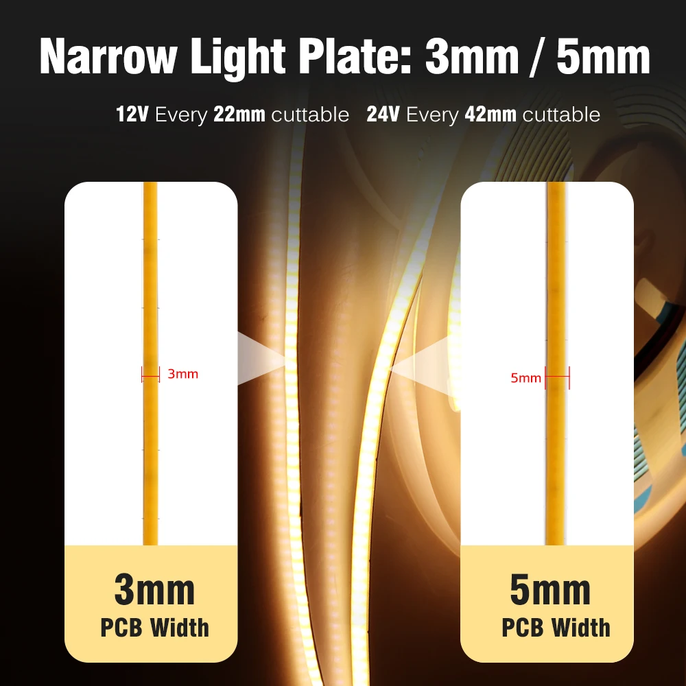 12V 24V LED Light Strip 3000K 4000K 6000K 3mm 5mm Narrow Indoor Light Strip 5 Meters/Roll