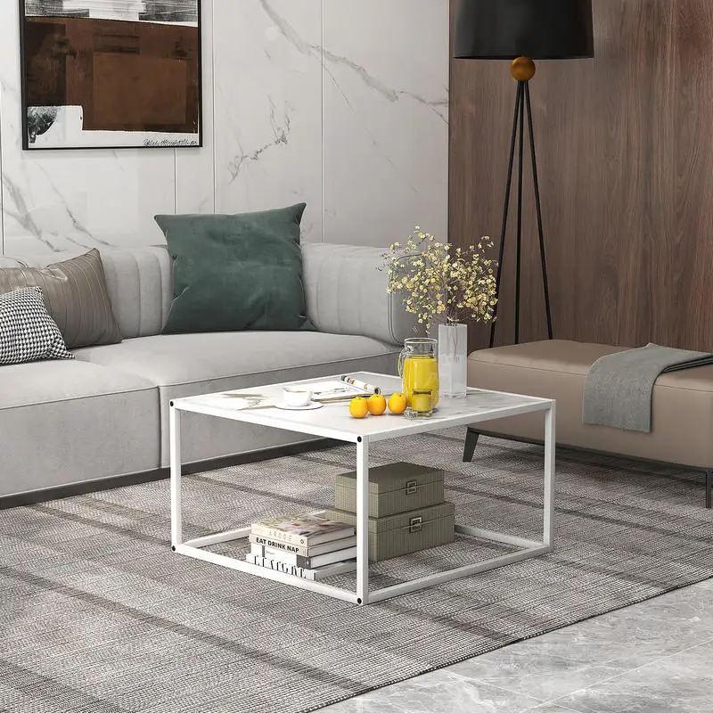 

Modern Glass Square Coffee Table with Metal Frame for Living Room-White