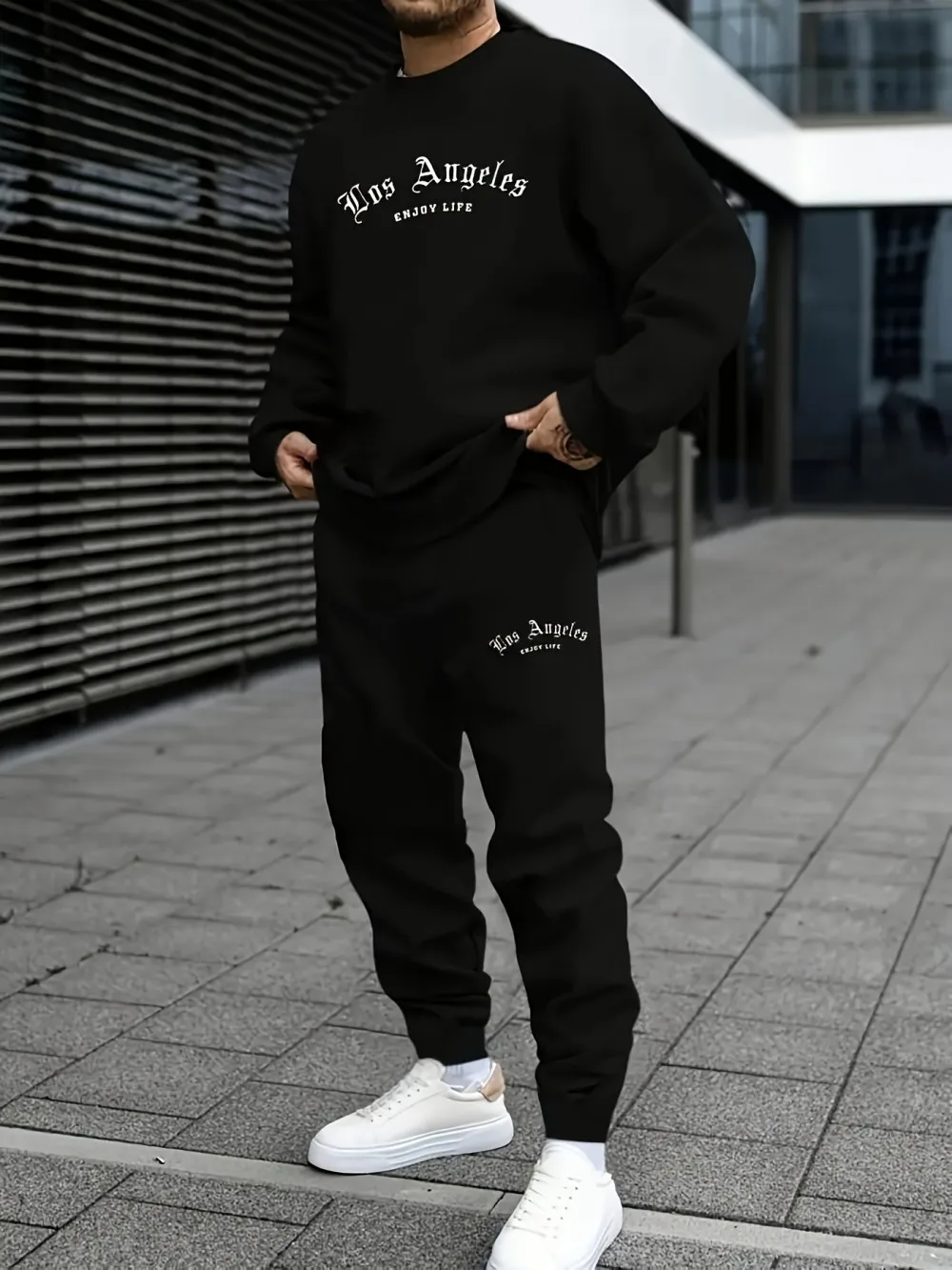 Fashionable Summer Men's Gothic Letter Printed Comfortable Breathable Round Neck Long Sleeve Pants Set Outdoor High Street Cloth