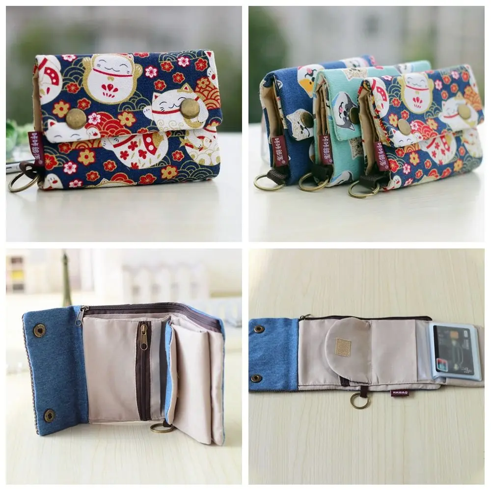 

Portable Canvas Coin Purse Print Three Fold Maneki Neko Wallet Bank Card Organizer Card Holder Zipper Short Wallet Girls