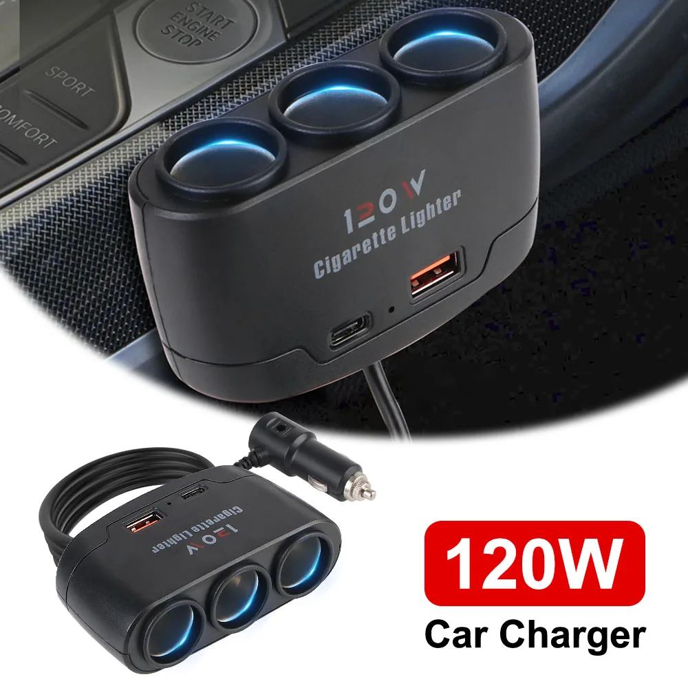 Adaptador de cargador de coche con enchufe USB Dual multifuncional 3 en 1, accesorios para coche, carga rápida 120W 12V 24V para teléfono, divisor de IPad