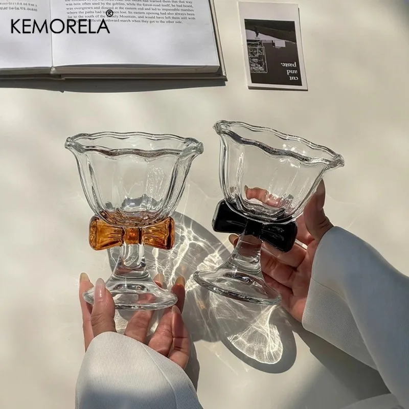 1PCS High-Stemmed Glass Cup Creative Bowknot Drinkware Champagne Flute, Cocktail Glass Ice Cream Dessert Cup For Party With Bars