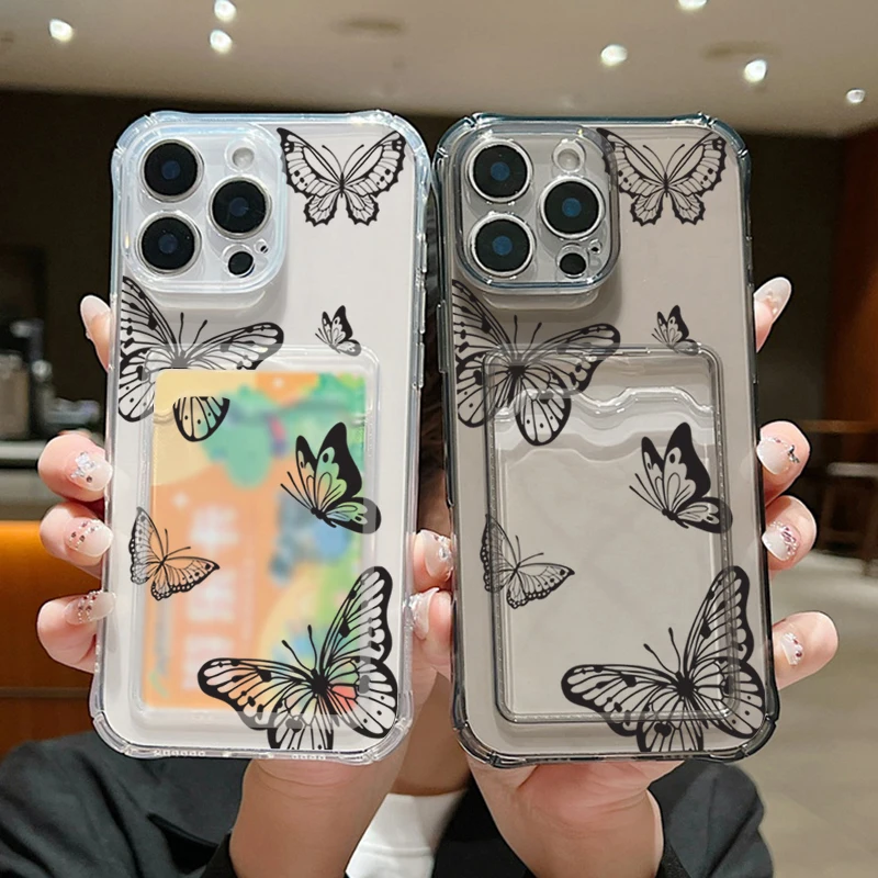 Case For iPhone 16 Pro Max Luxury Card Slot Black Hollow Butterfly Clear Soft Silicone Cover For iPhone 11 12 13 14 15 Pro Max