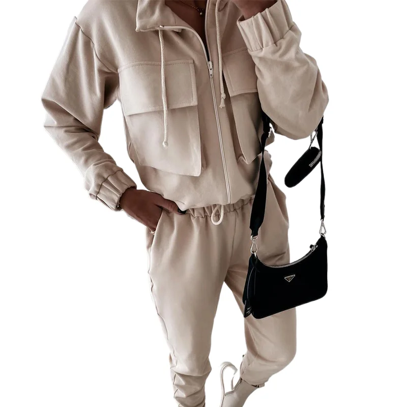 

Autumn Winter Women's Two Pieces Set Fashion Casual Solid Long Sleeve Zipper Coats +Trousers Tying Foot Sports Suit 2 piece Set