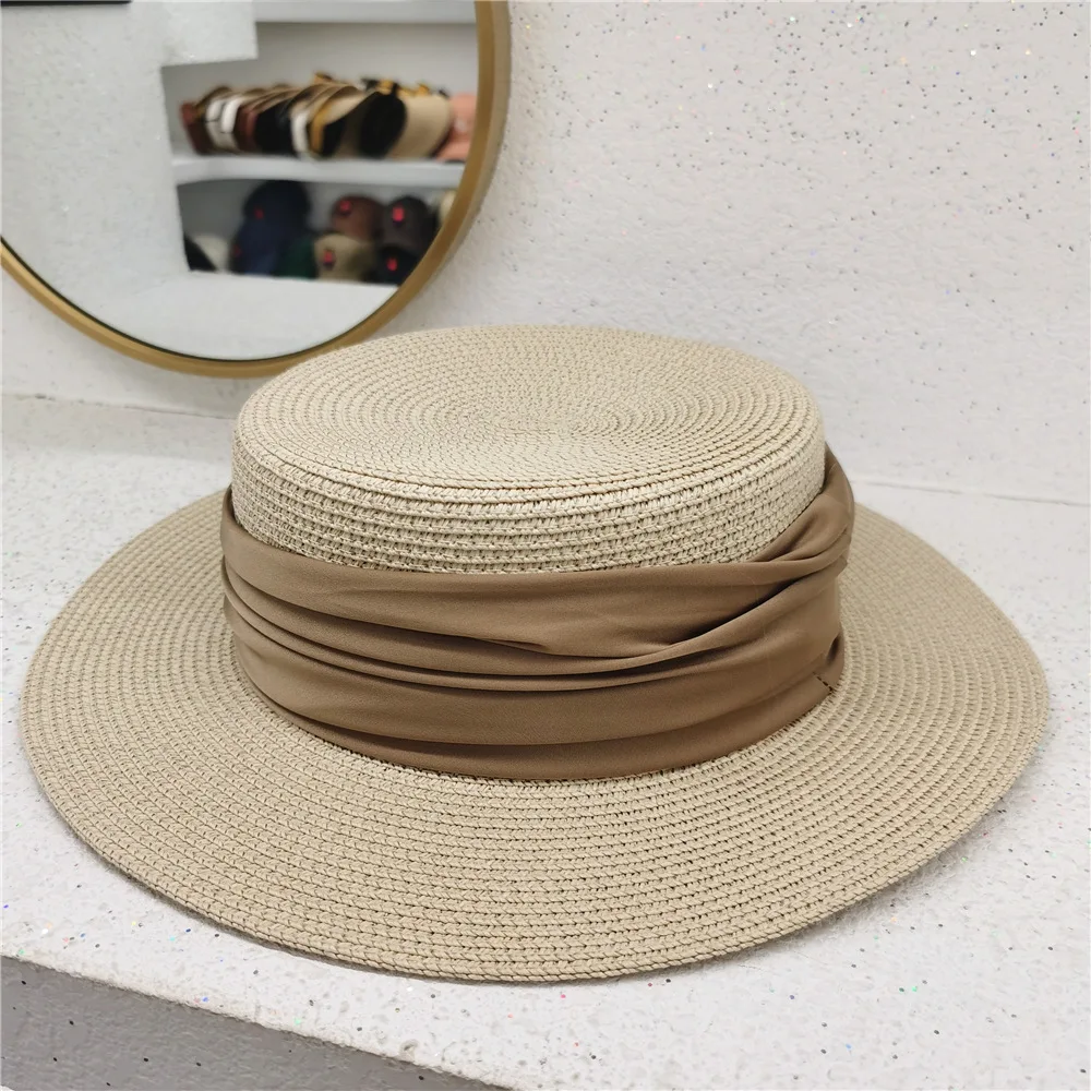 New Fedoras Summer Women's Boater Beach Hat Wide Side Female Casual Panama Hat Lady Classic Flat Bowknot Straw Sun Hat Women