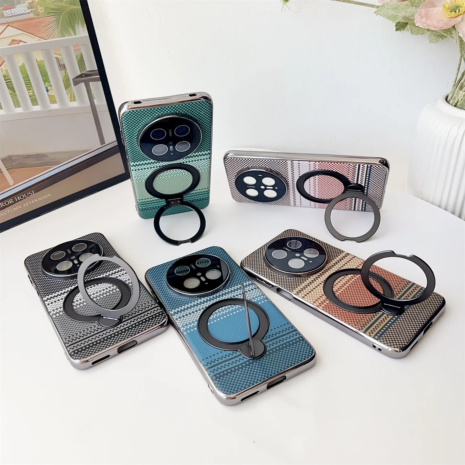 Luxe Magnetische Ring Stand Koolstofvezel Patroon Magsafe Case voor Huawei Mate 70 Mate 60 Pro Plus Plating Draadloos Opladen Cover