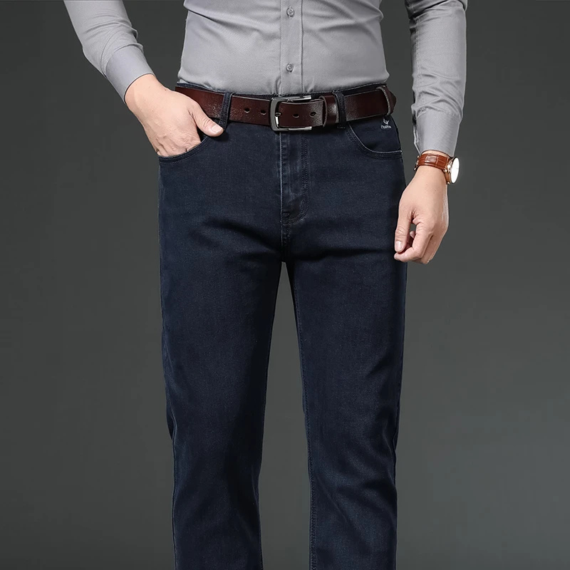 

Nice Autumn Brand Fitted Straight Stretch High Waist Jeans Classic Embroidery Business Casual Men's Navy Denim Jeans