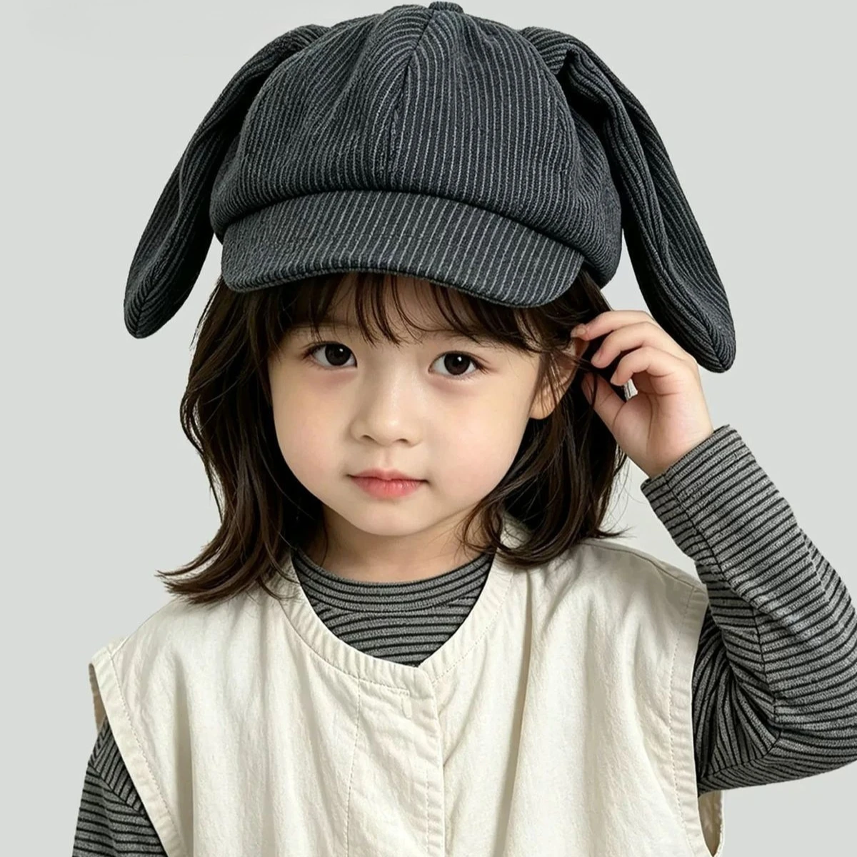 Niedliche achteckige Baskenmütze für Kinder, Herbst-Winter, gestreift, gestrickt, mit Hasenohren, für Babys, Jungen und Mädchen, warme, lässige Newsboy-Mütze – Detail 4