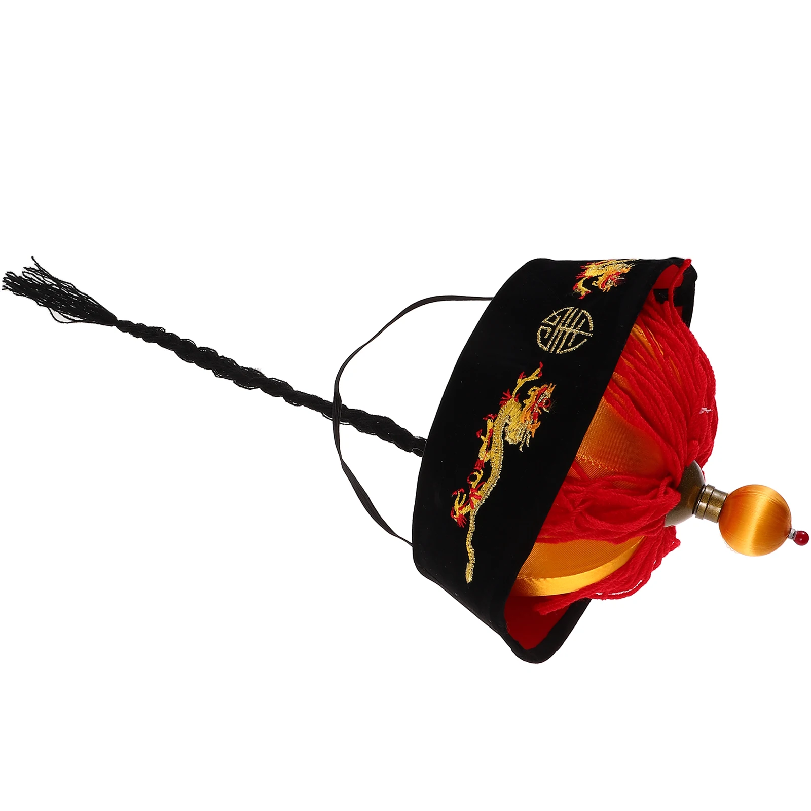 

Qing Style Cosplay Hat Prop Emperor Cosplay Braid Woolen Hats for Men Historical Traditional Accessories