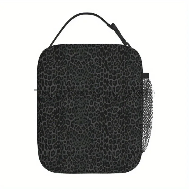 Black Leopard Print Insulated Lunch Bag - Reusable, Waterproof Thermal Oxford Meal Container with Mesh Pocket, Ideal for Travel