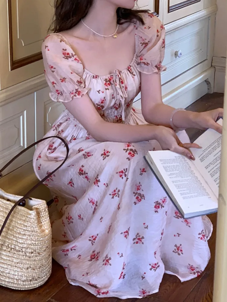 Women Vintage Sweet Lace-up Boho Dress Summer Fashion Casual Print Short Sleeve Square Neck Floral Corset Long Dresses Vestidos