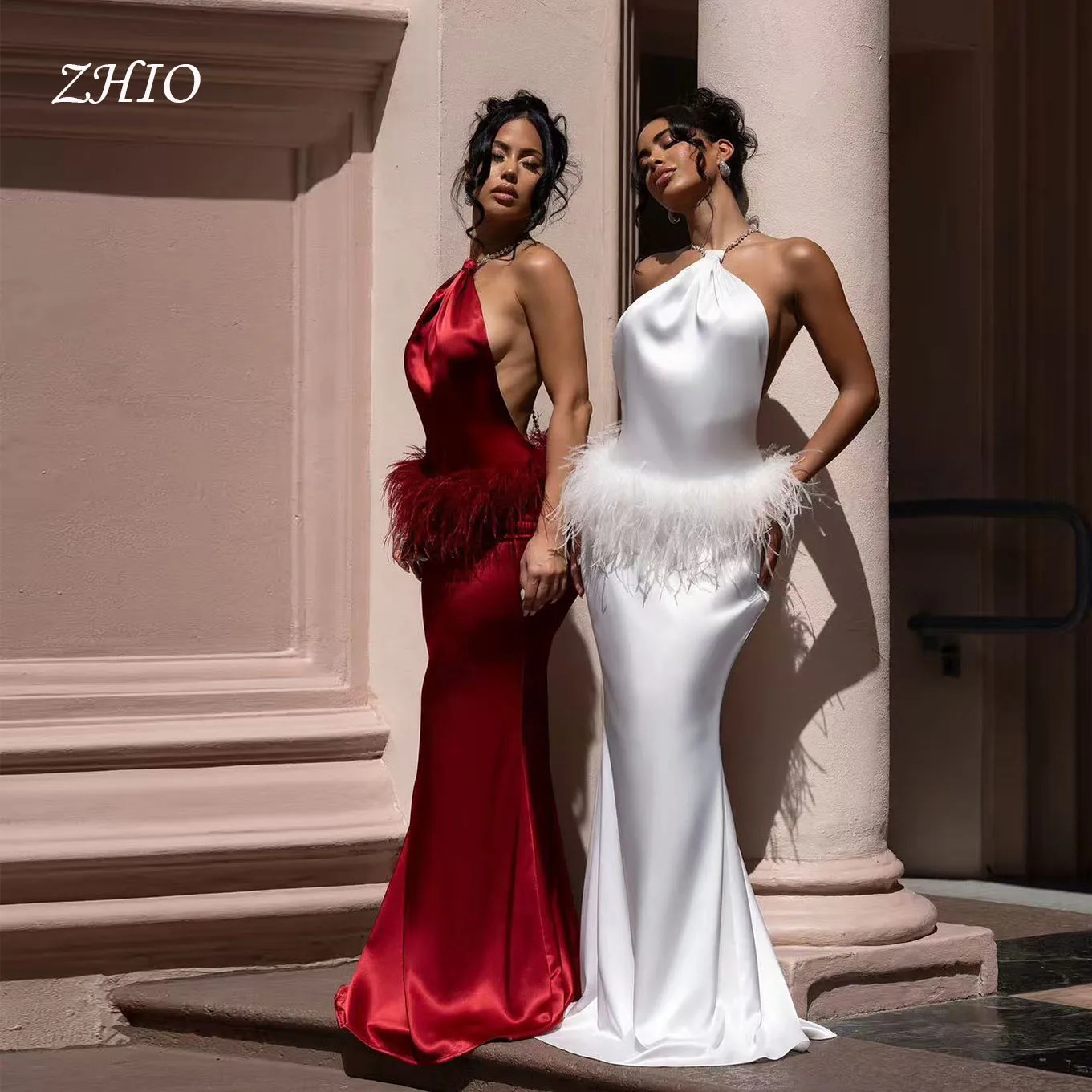 ZHIO 럭셔리 깃털 이브닝 드레스 홀터 오픈 백 머메이드 레드 새틴 축하 파티 프롬 가운 공식 행사 맞춤 제작