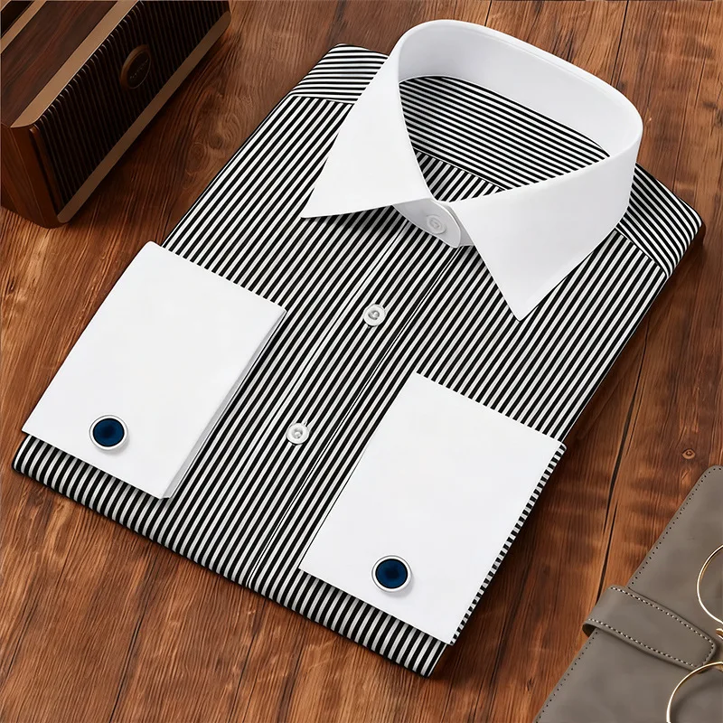 2026 French Cufflink  Shirt Men's Long Sleeve Random Cufflinks Business Commuter Shirt Men's Striped Shirt Men's Clothes