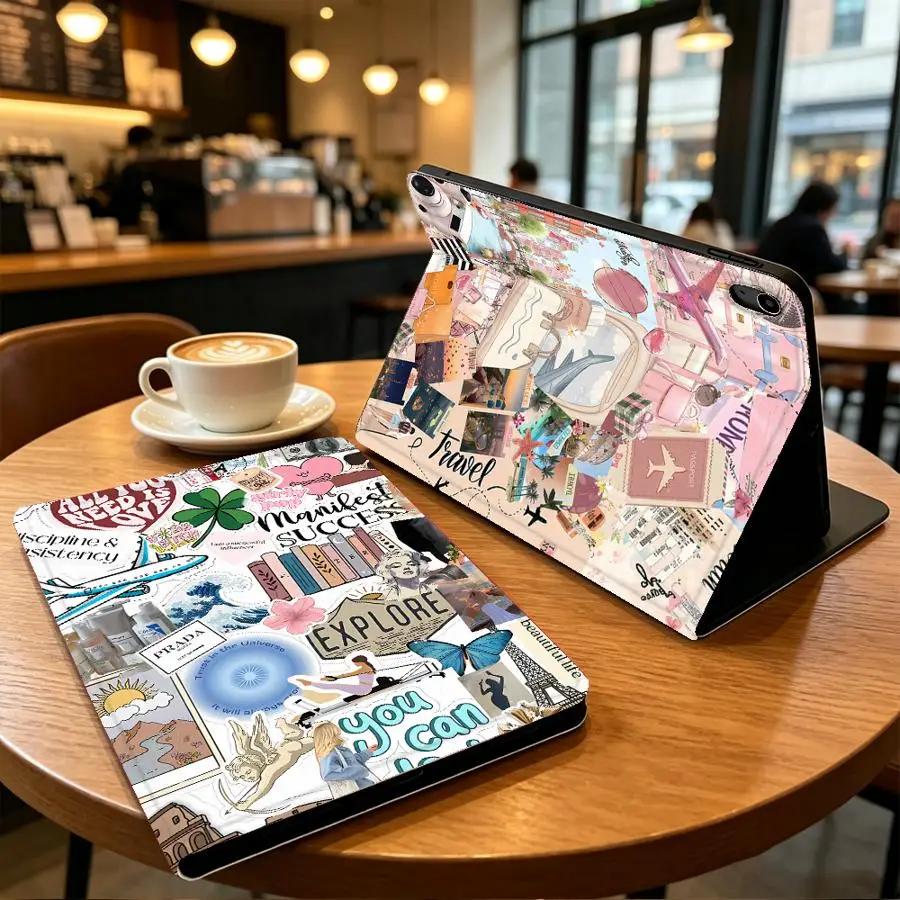 Airplane Travel Collage Sticker Case for Apple iPad 10th 7/8/9th Pro11 13 Air 11 13 M4 M3 M2 A16 2026 With Pencil Holder Air