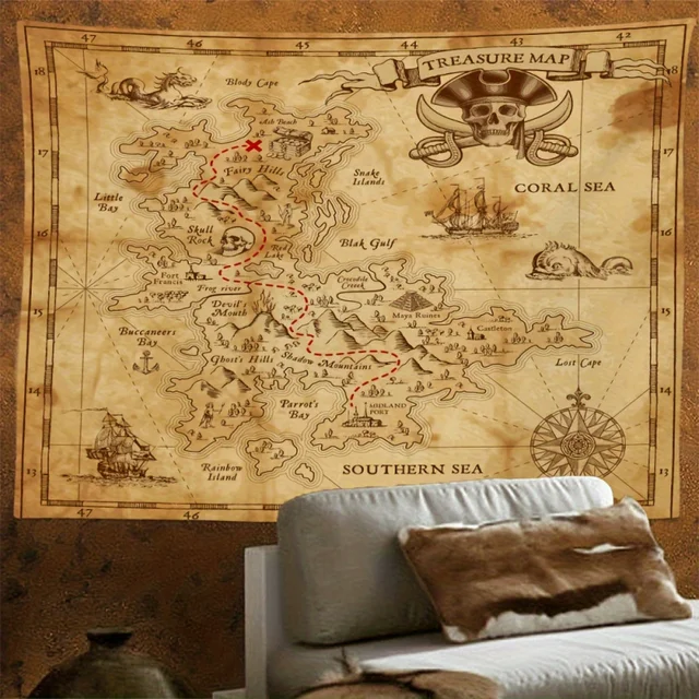 VIKAMA Retro Pirate Treasure Map Tapestry Sheepskin Scroll Treasure Hunt Map Background Cloth Living Room Room Decoration 3