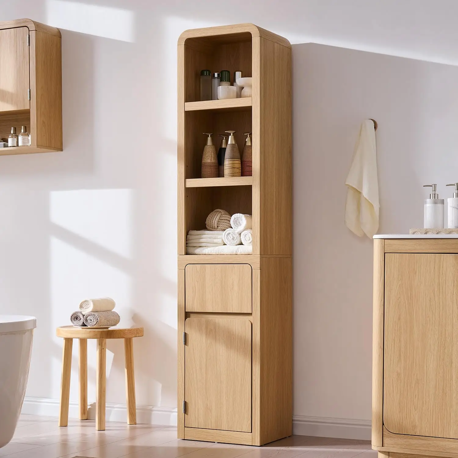 67" Tall Narrow Bathroom Storage Cabinet w/Door & Ders, Natural