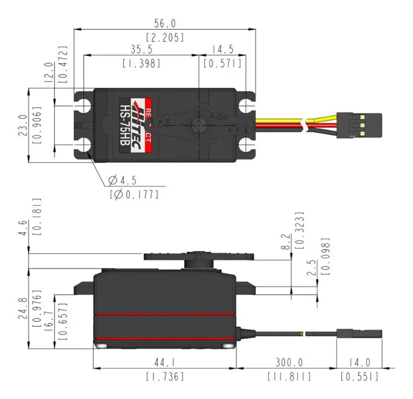 Servo retráctil Hitec Hs-75BB (35G, 6,6Kg-Cm, 0,45 segundos/60 grados) Servo analógico de perfil bajo con engranaje de nailon retráctil