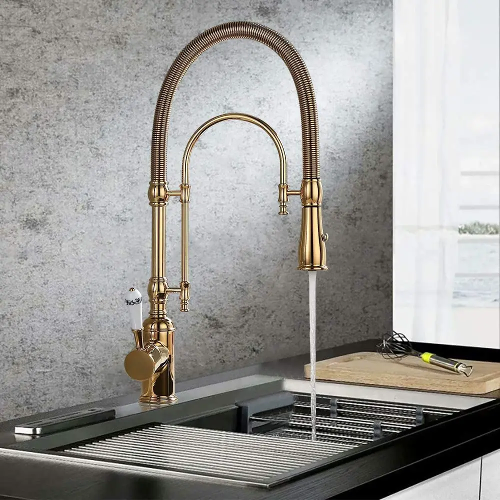 Solid Brass Pre Rinse Faucet Single Handle High Arc Swivel Dual-Mode Pull-Down Sprayer Kitchen Sink Faucet withPorcelain Handle