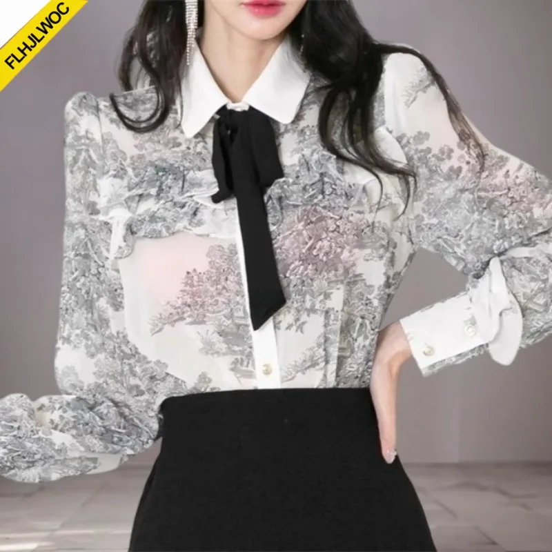 Ink Print Tops Blouses New Design 2025 Hot Long Sleeve Preppy Style Cute Sweet Japan Girls White Collar Formal Elegant Shirts