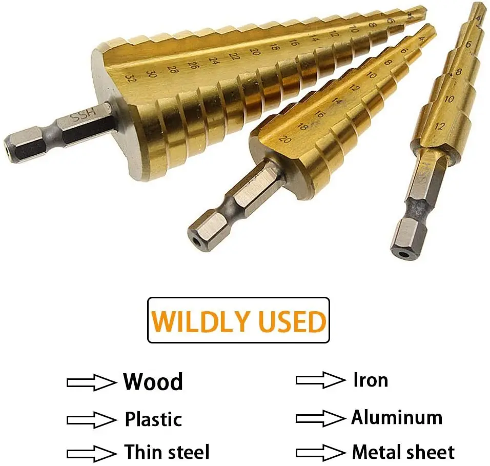 3 HSS Titanium Mũi 4-12-20 4-32 Khoan Điện Dụng Cụ Kim Loại Cao Cấp thép Gỗ Lỗ Cắt Hình Nón Mũi Khoan