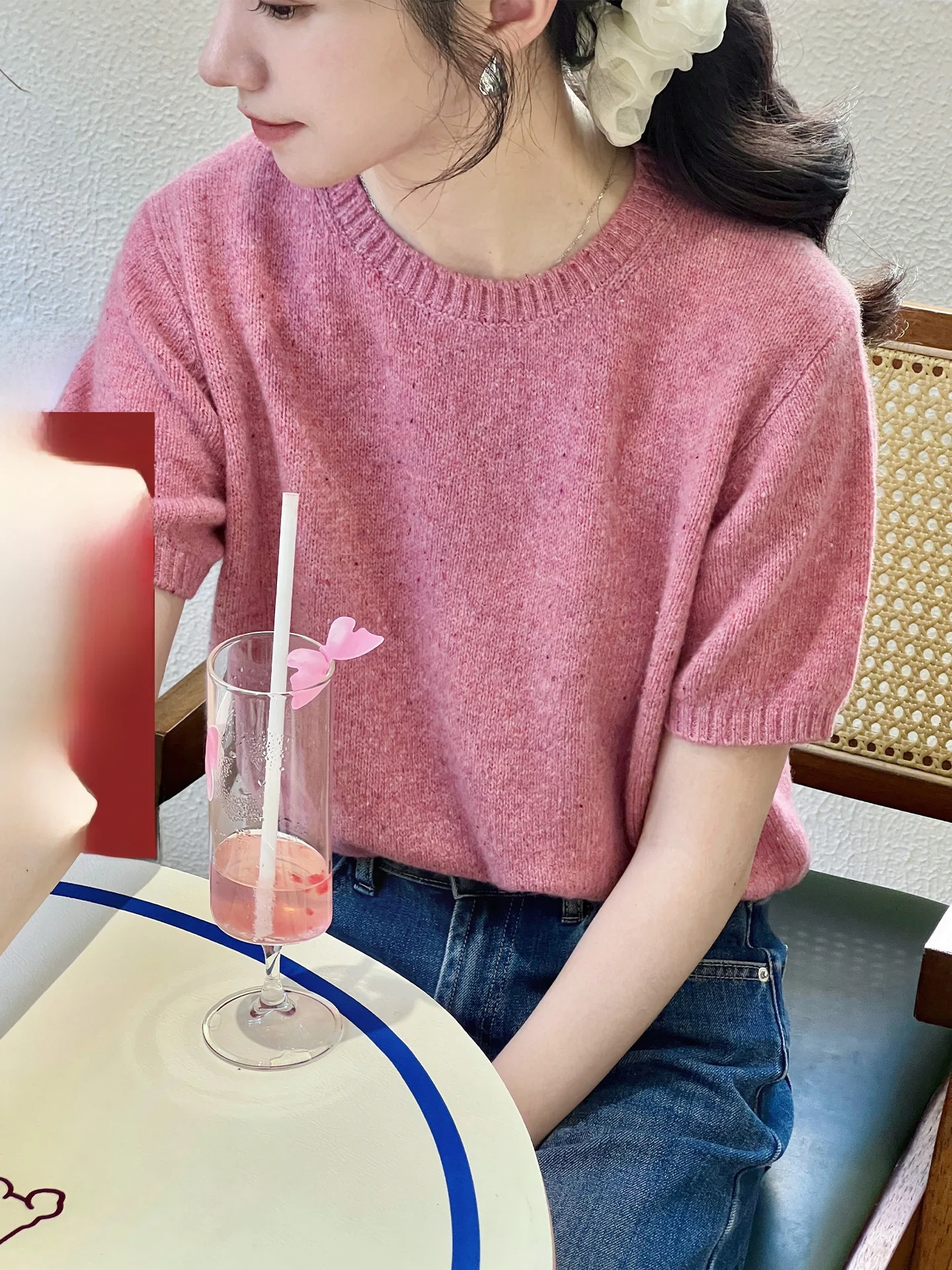 

Rame Sweet Sle ort Sve Knitted Sweater Women's round Ne Full Wool White Sweetn Girl's Spring Faion Top