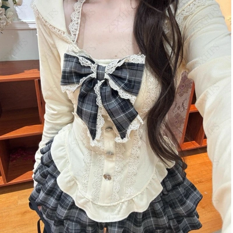 

Sexy Kawaii Off-shoulder Long sleeves T Shirt Sweet Girl Trendy Clothes Harajuku 2000s Lace Bow Grid Graphic Harajuku crop Top