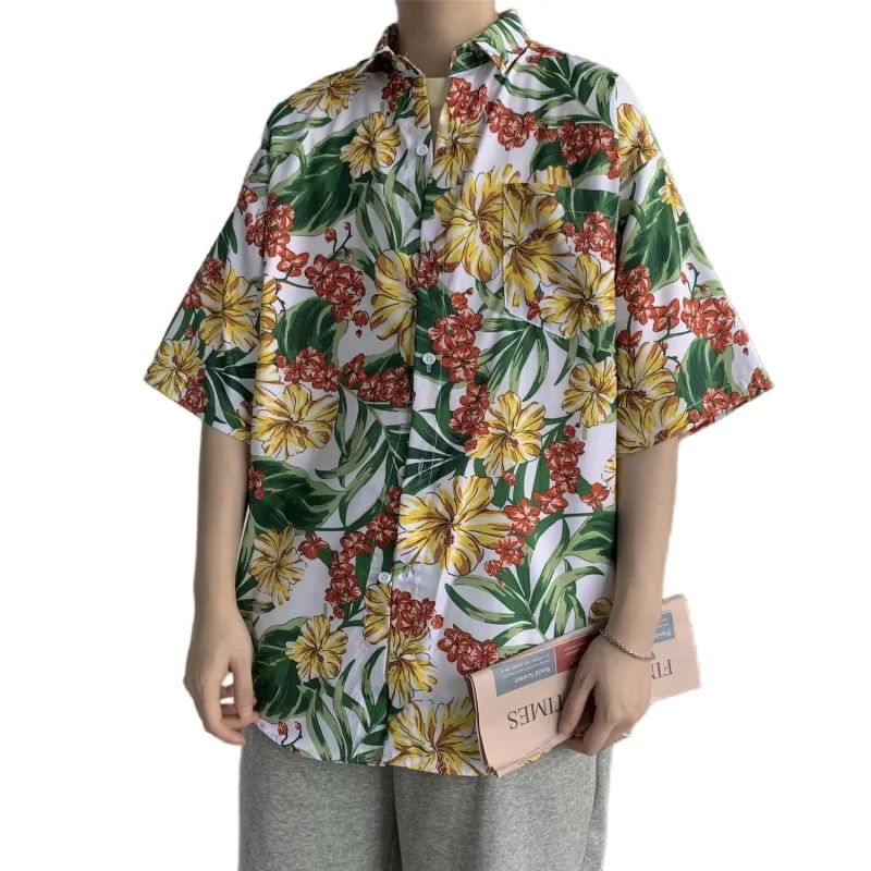 Summer Men's Retro Short Sleeve Floral Shirt Harajuku Loose Hawaiian Flower Shirt Beach Sun Protection Clothing Half Sleeve Top