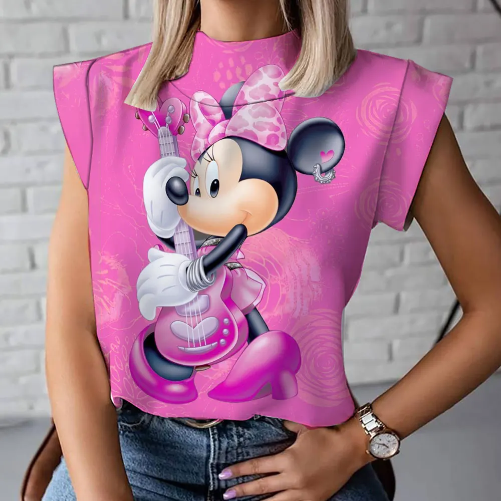 Summer Fashion New Casual Versatile Cute Mickey Minnie Cartoon Pattern 3D Women\'s Harajuku Street High Neck T-Shirt Vest