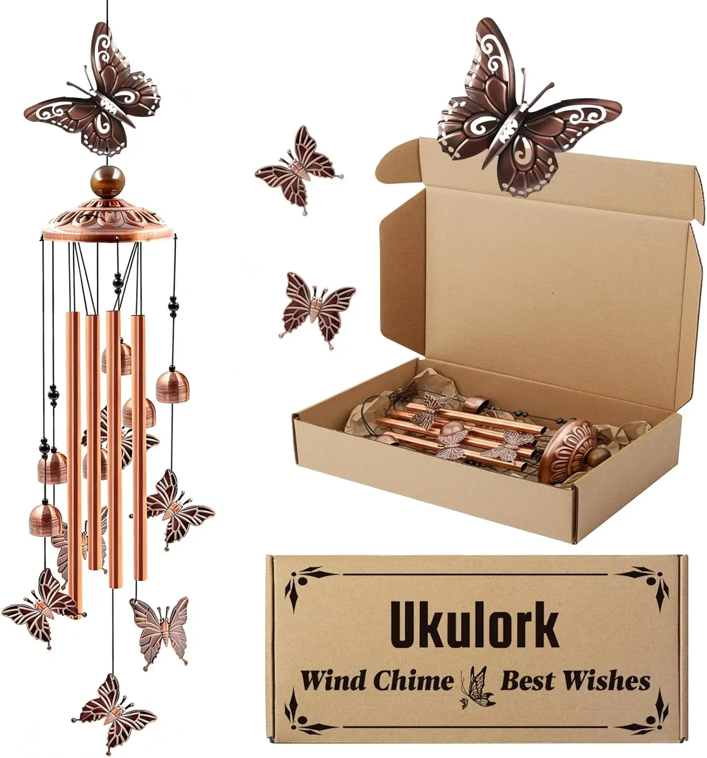 

Butterflies Aluminum Tube Wind Chimes for Outside, Patio Porch Garden Decor, S Hook, Housewarming Gift for Women Mom Grandma