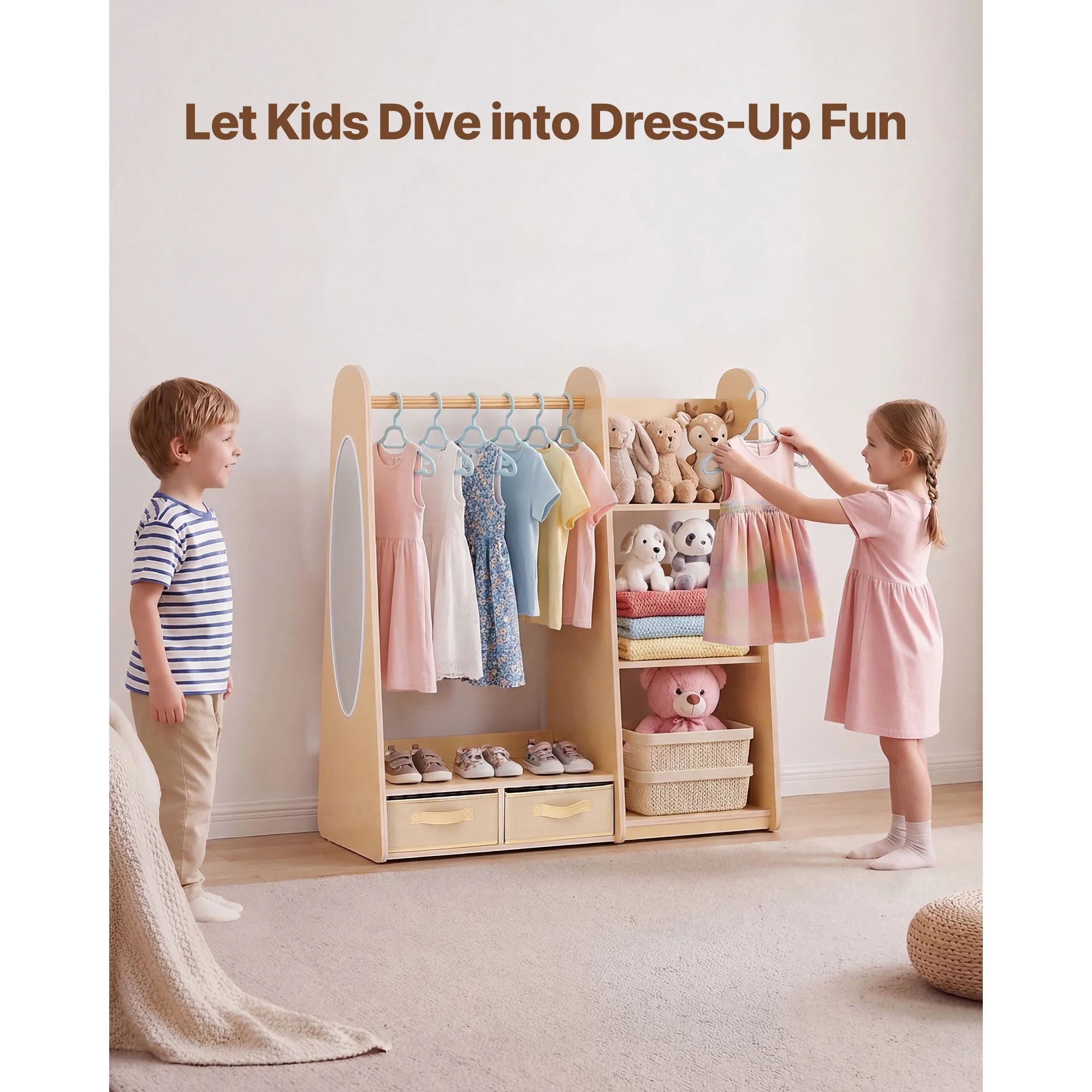 SucceBuy Kids Wooden Dress Up Storage with Mirror Children Dress Up Rack Toddler Wardrobe Closet for Girls Bedroom Home Storage image 2