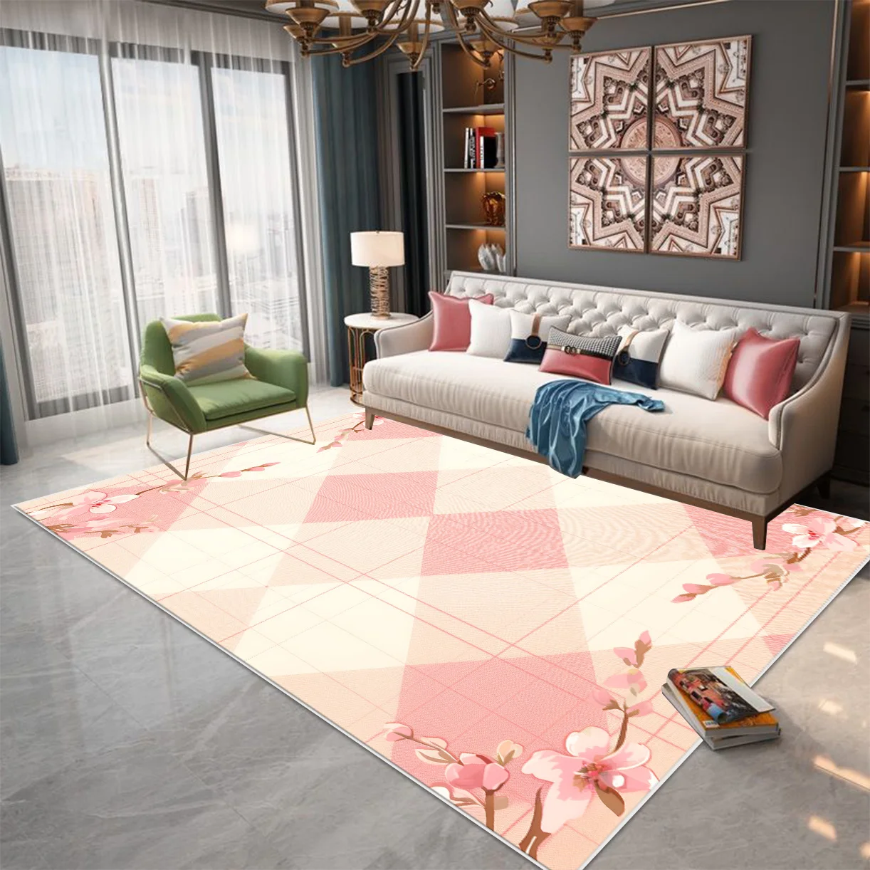 INS Pink Lattice Carpet for Living Room Home Decoration Geometry Pattern Washable Non-slip Soft Floor Mat Girl Bedroom Decor Rug