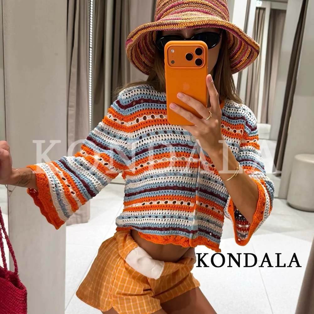 KONDALA Women Chic Casual Hollow-Out Knitted Cardigan 2026 Summer Trendy Holiday Elegant Striped Tops Seaside Beach Party Jacket