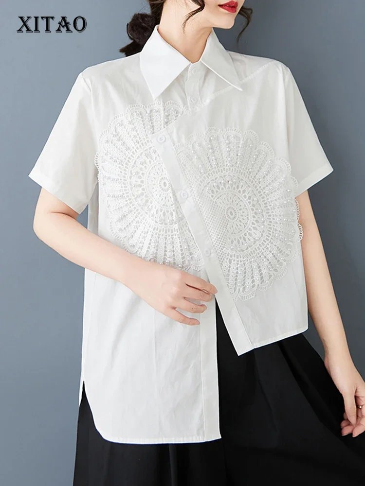 

XITAO Повседневная асимметричная рубашка, свободная нерегулярная лоскутная женская рубашка, простой тренд, универсальный однотонный топ с короткими рукавами HQQ2431