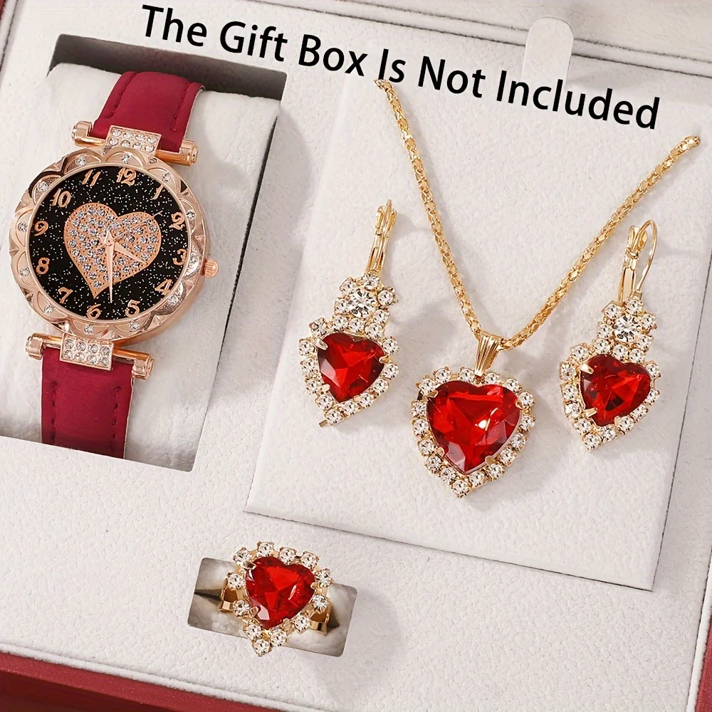 

5pcs Women's Cute Heart Quartz Watch Elegant Rhinestone Analog Wrist Watch & Jewelry Set, Valentine's Day Gift For Her Gifts